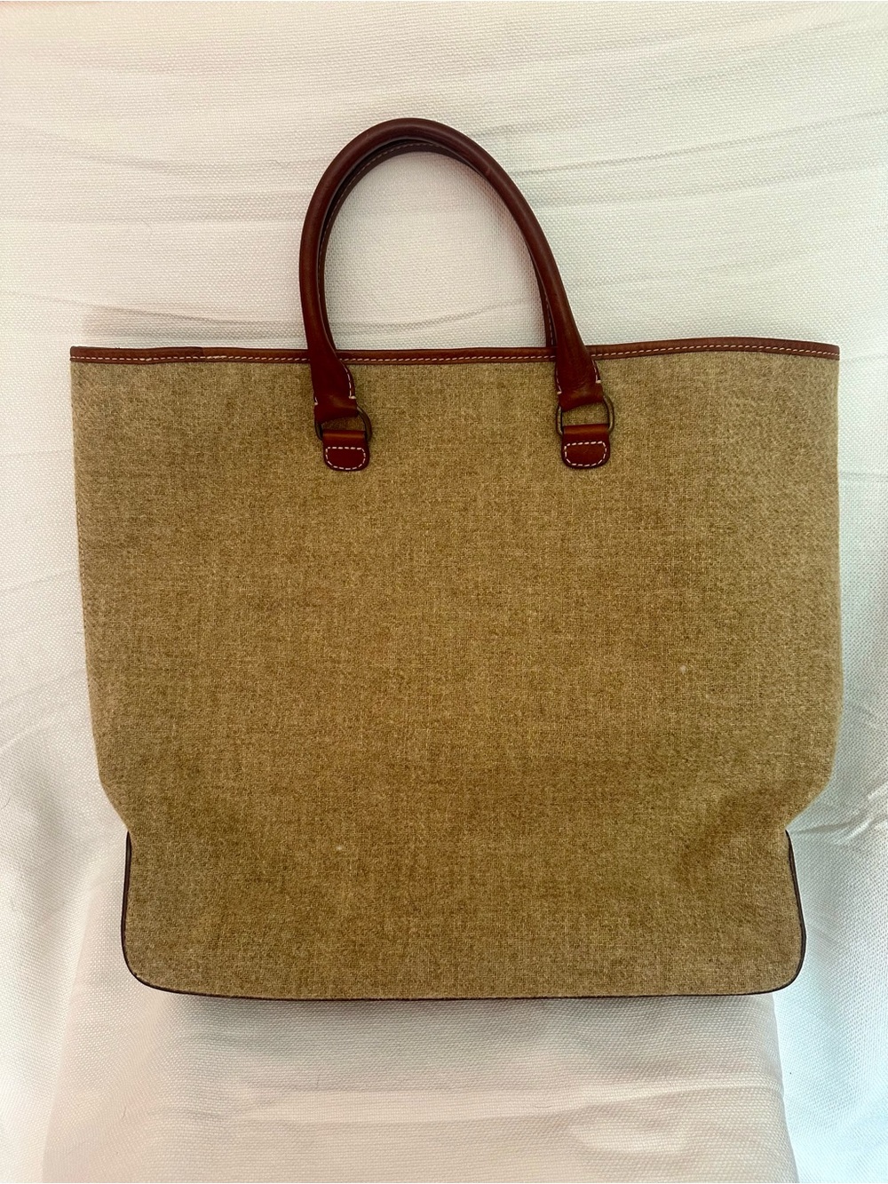 J.Crew Classic Wool Blend Canvas Leather Trim Large Tote Bag Tan Brown